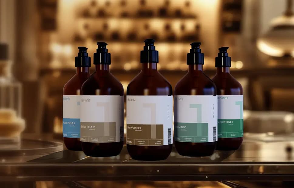 Luxury amenity bottles and botanical ingredients